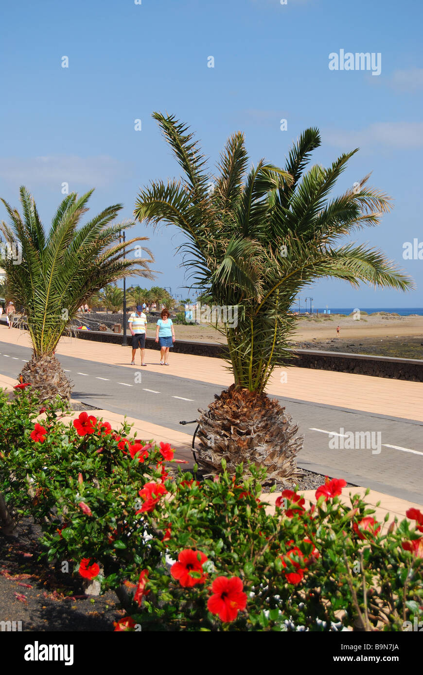 Plage et de la promenade, Playa de Matagorda, Puerto del Carmen, Lanzarote, îles Canaries, Espagne Banque D'Images