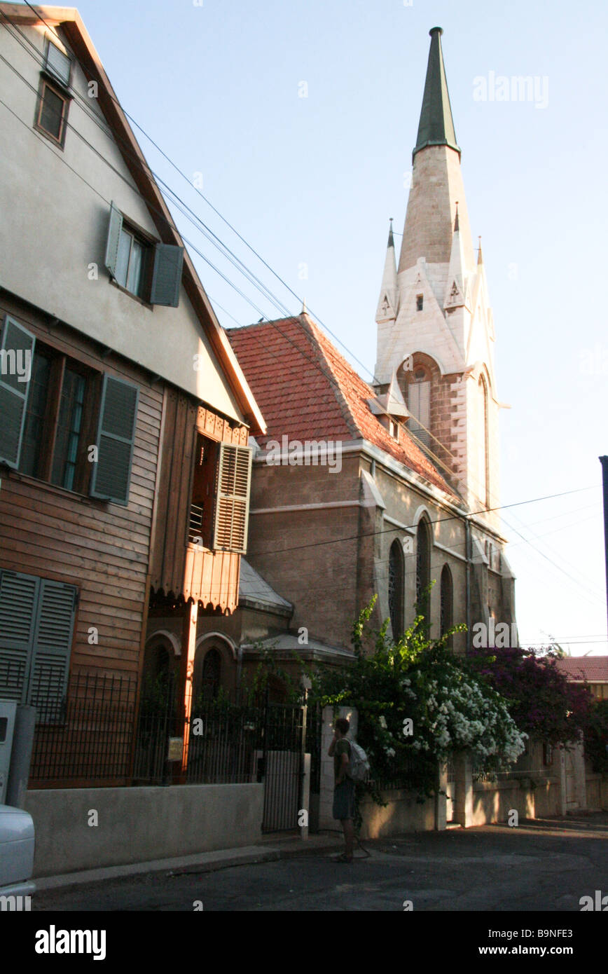 Israël Tel Aviv Jaffa le Maine maisons préfabriquées en bois au 19ème siècle la colonie américaine Immanuel Lutheran Church Banque D'Images