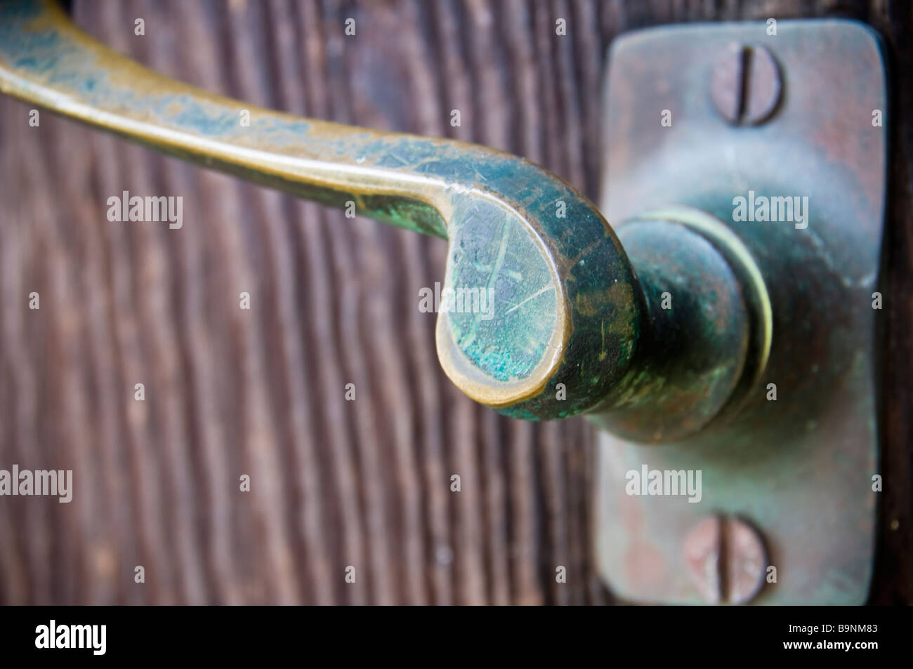 Poignée de porte en laiton sur une barrière en bois Banque D'Images