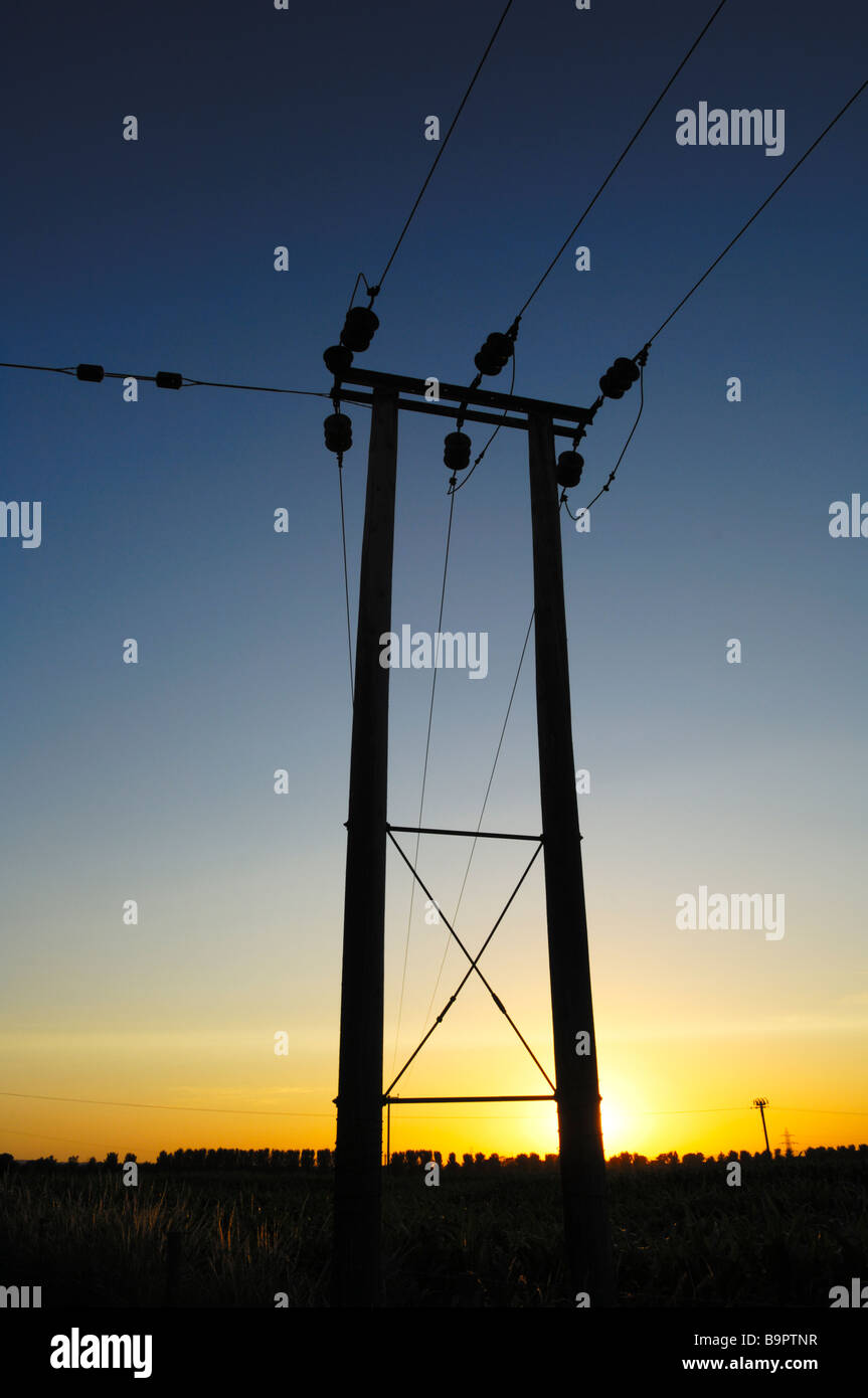 L'approvisionnement en électricité les câbles dans la campagne au coucher du soleil Banque D'Images