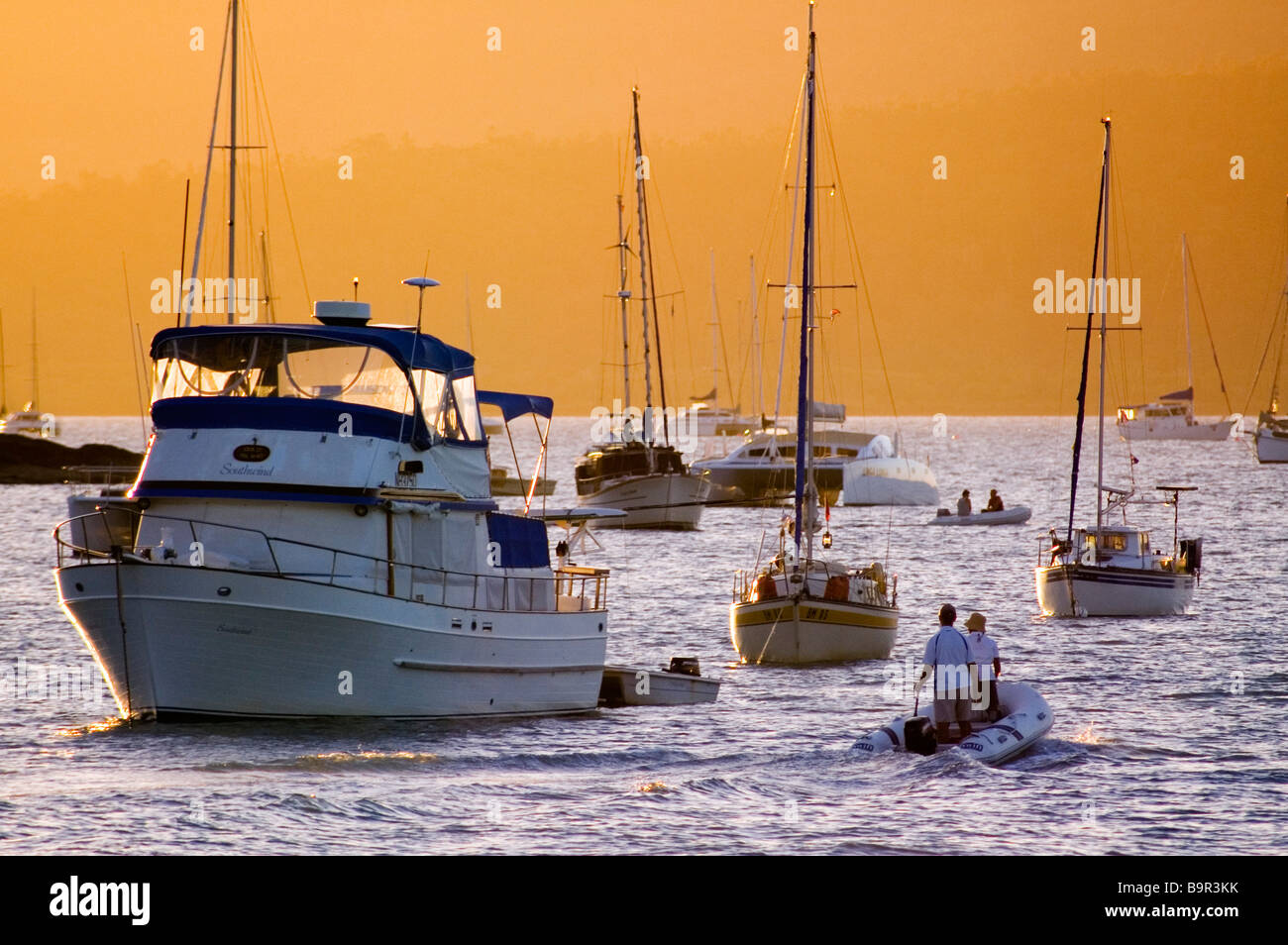 Yachts ancrés dans les mers bleu clair d'Airlie Beach Harbour au crépuscule, Queensland, Australie Banque D'Images