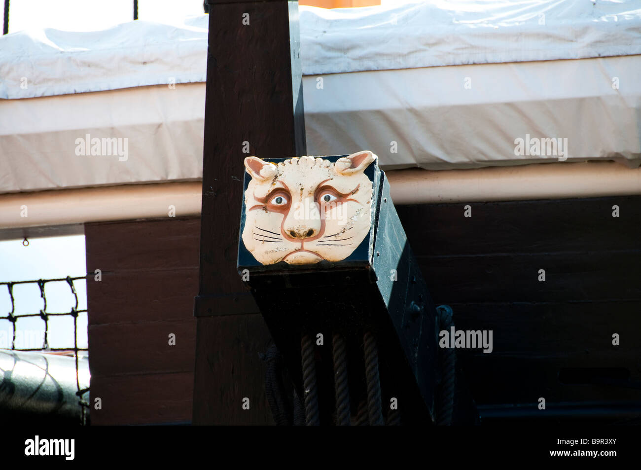 Une petite tête de chat comme décoration sur le HMS Trincomalee, Hartlepool Maritime Experience Banque D'Images