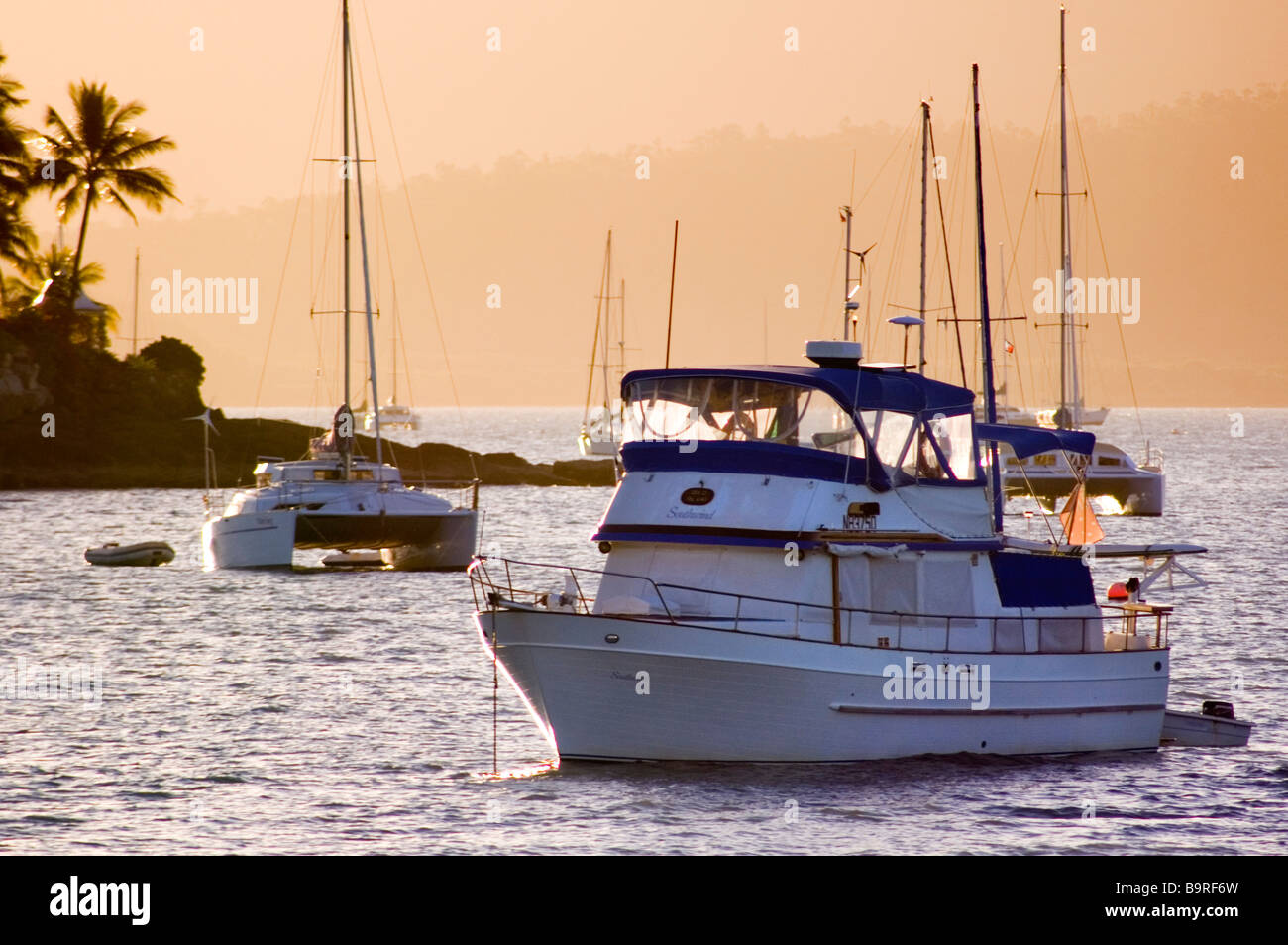 Yachts ancrés dans les mers bleu clair d'Airlie Beach Harbour au crépuscule, Queensland, Australie Banque D'Images