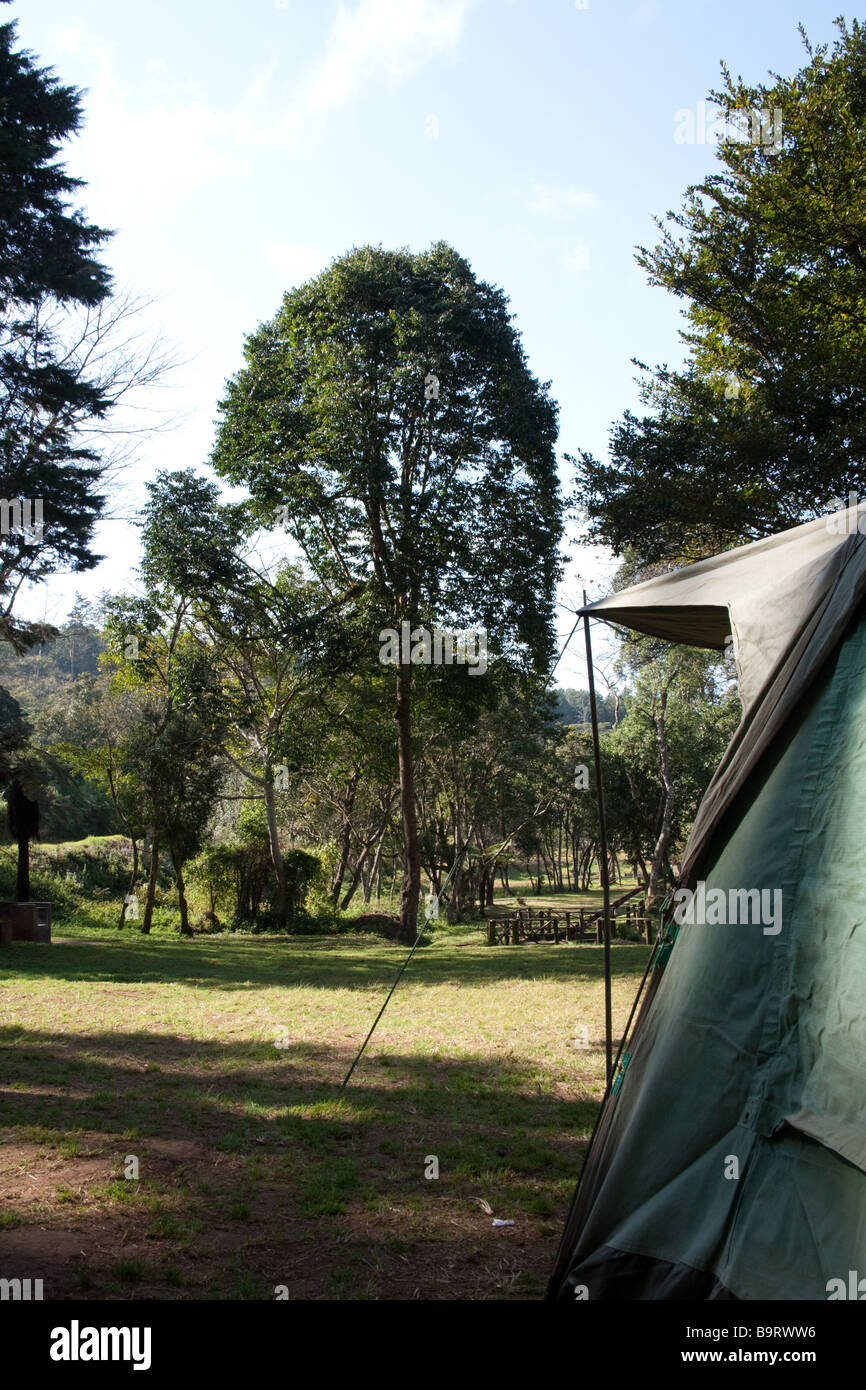 Une tente sur le plateau de Zomba montrant le camping verdoyant vert. Banque D'Images