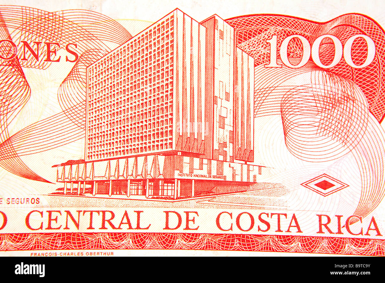 Monnaie argent détail de 1000 billets du Costa Rica Colones Banque D'Images