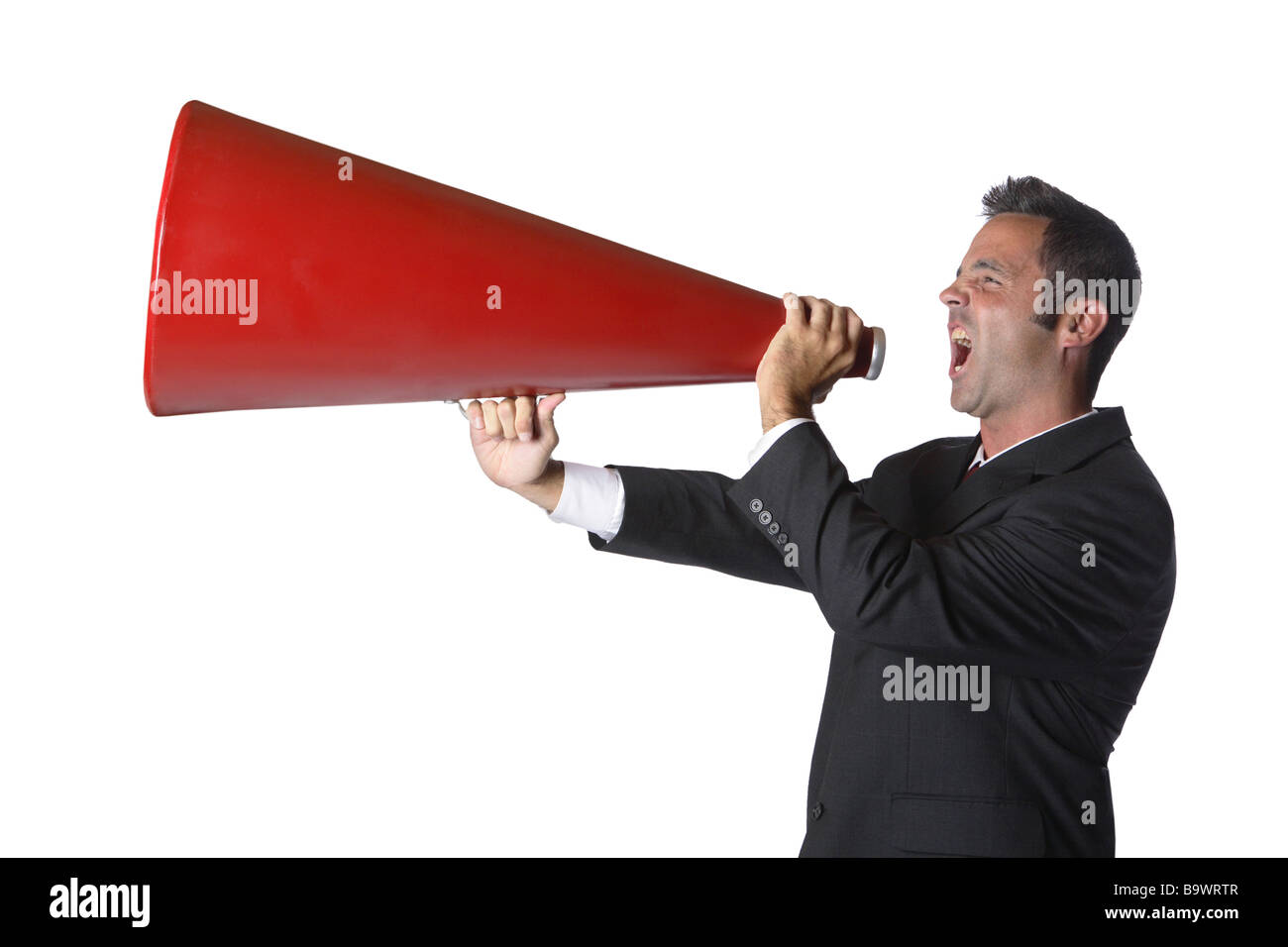 Businessman with megaphone isolated on white Banque D'Images