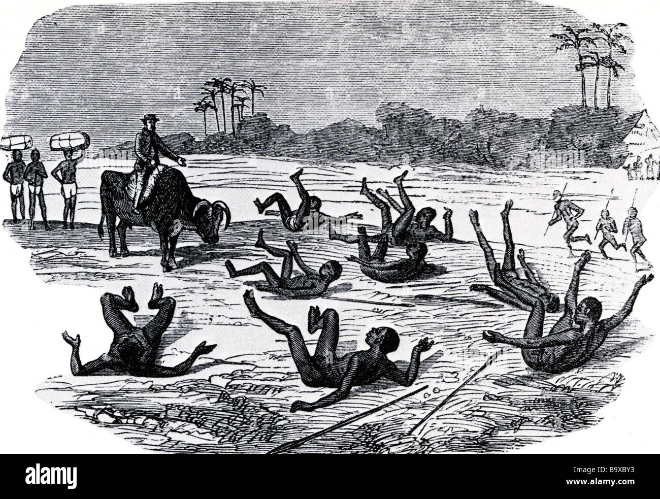 DAVID LIVINGSTONE est accueilli par la tribu Batonga près des chutes Victoria en 1855 Banque D'Images