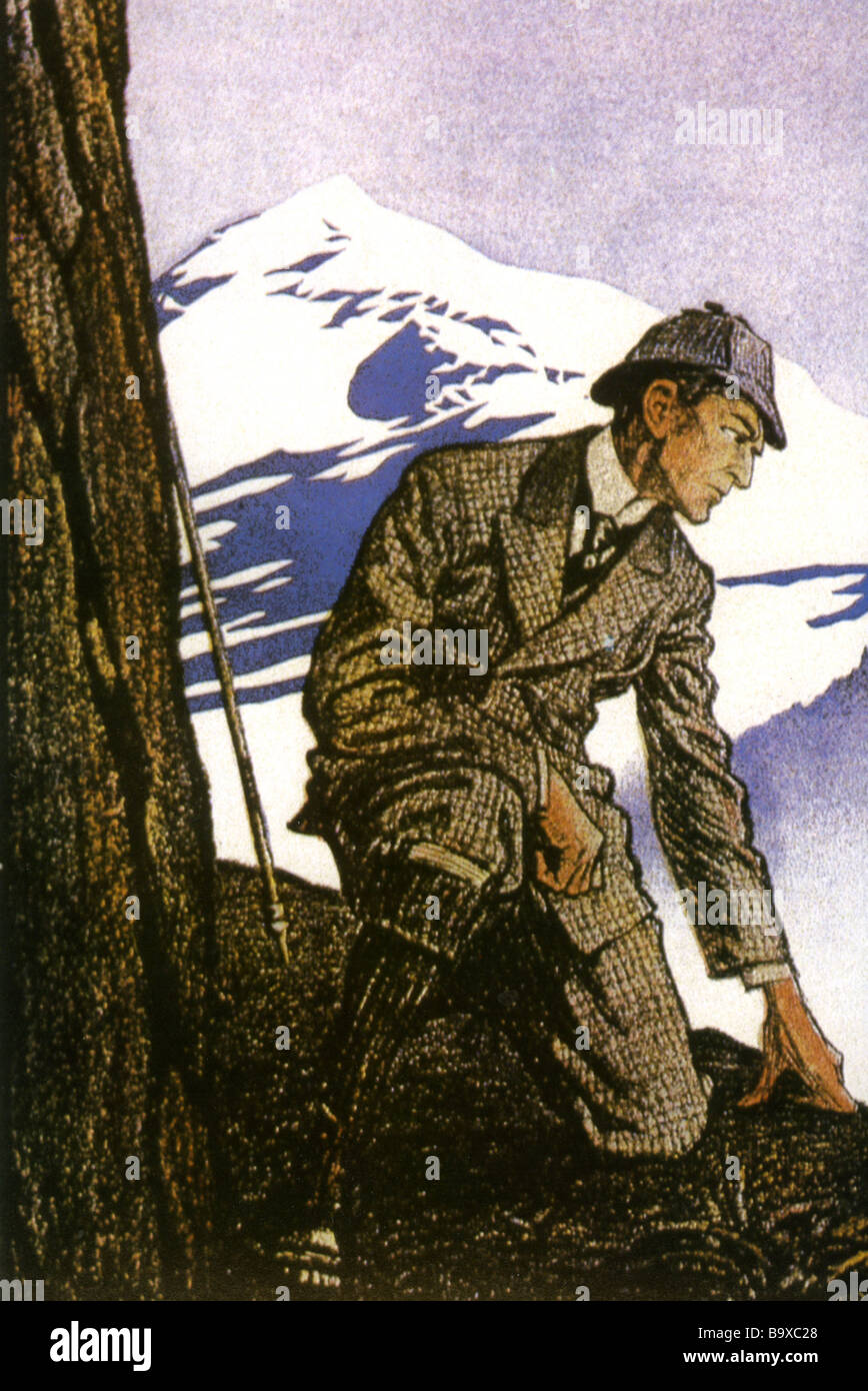 SHERLOCK HOLMES au Chutes du Reichenbach comme dessiné par Frederic Dorr Steele Banque D'Images
