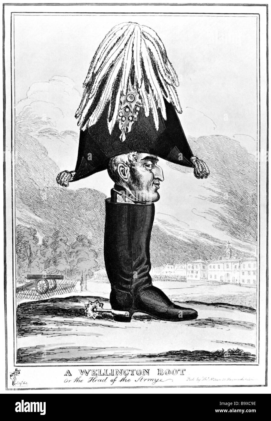 Duc de Wellington (1769-1852) Caricature montrant dans l'amorçage Wellington nommé d'après lui publié en 1827 Banque D'Images