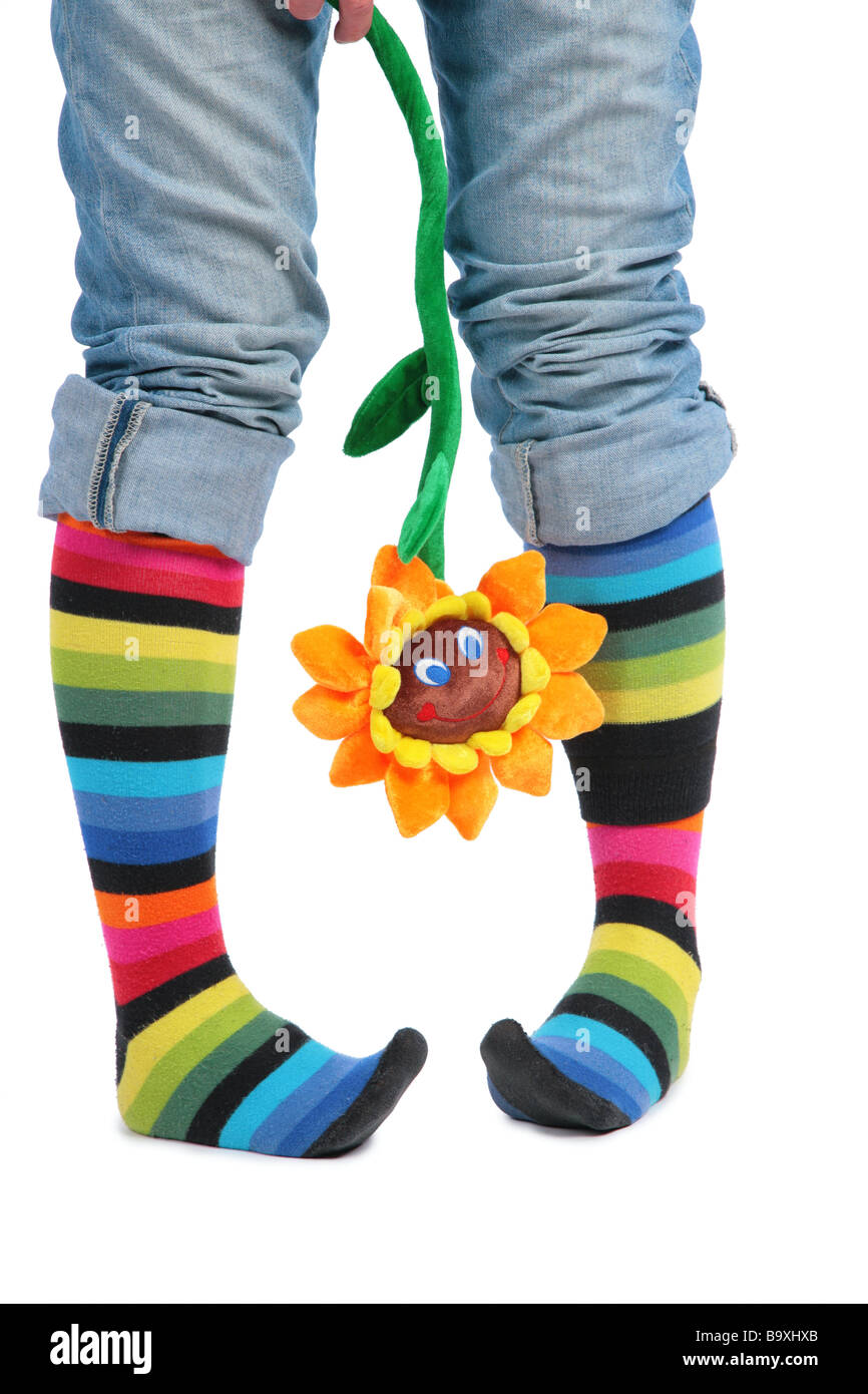 Deux pieds en chaussettes multicolores et de tournesol Banque D'Images