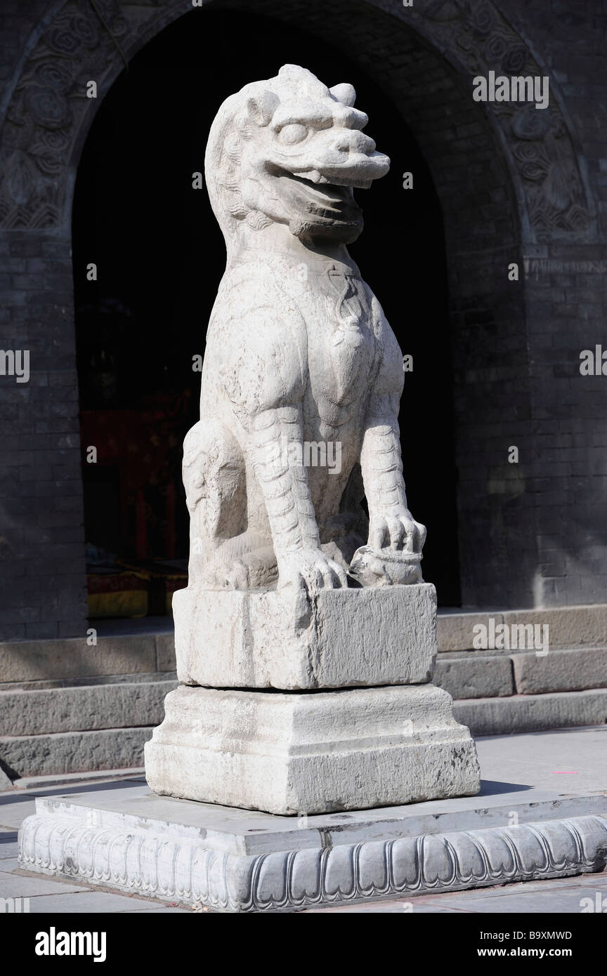 Lion en pierre de dynastie Yuan (1271-1368) à Tianjin Tianhou Palace à Tianjing 14 Mar 2009 Banque D'Images