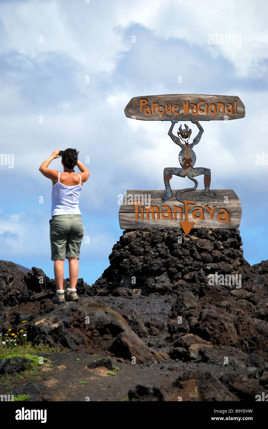 Panneau d'entrée, le Parc National de Timanfaya, Lanzarote, îles Canaries, Espagne Banque D'Images