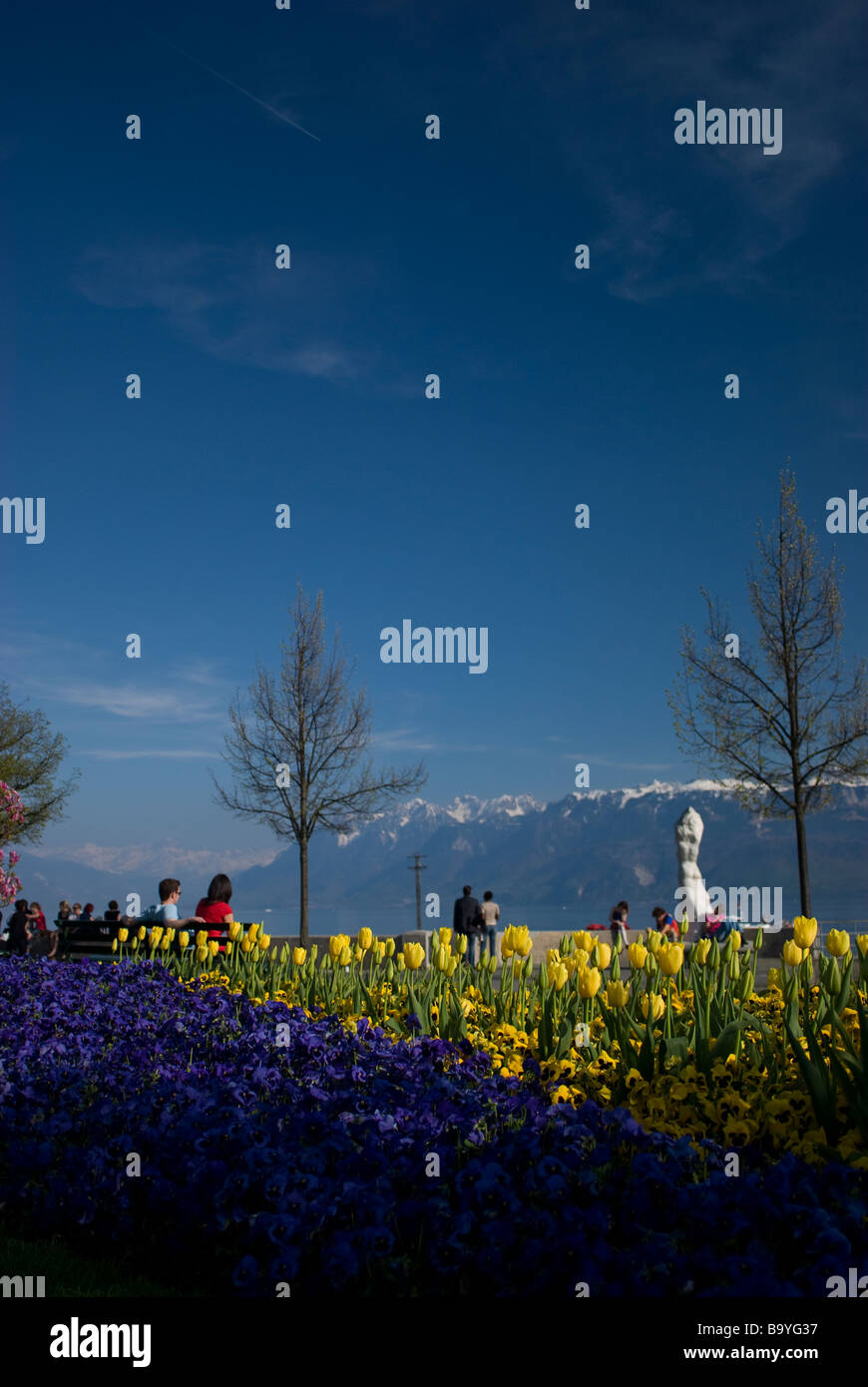 Fleurs de Printemps encadré par les Alpes au bord du lac Léman à Ouchy, Lausanne, Suisse Banque D'Images