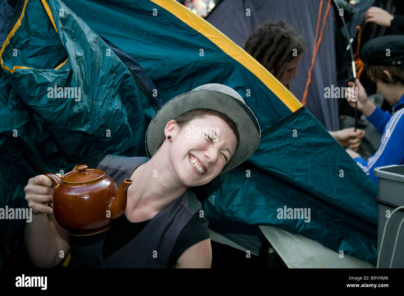 Londres - les manifestations du G20. Les manifestations pacifiques au Camp climatique qui a été mis en place à Bishopsgate. Banque D'Images
