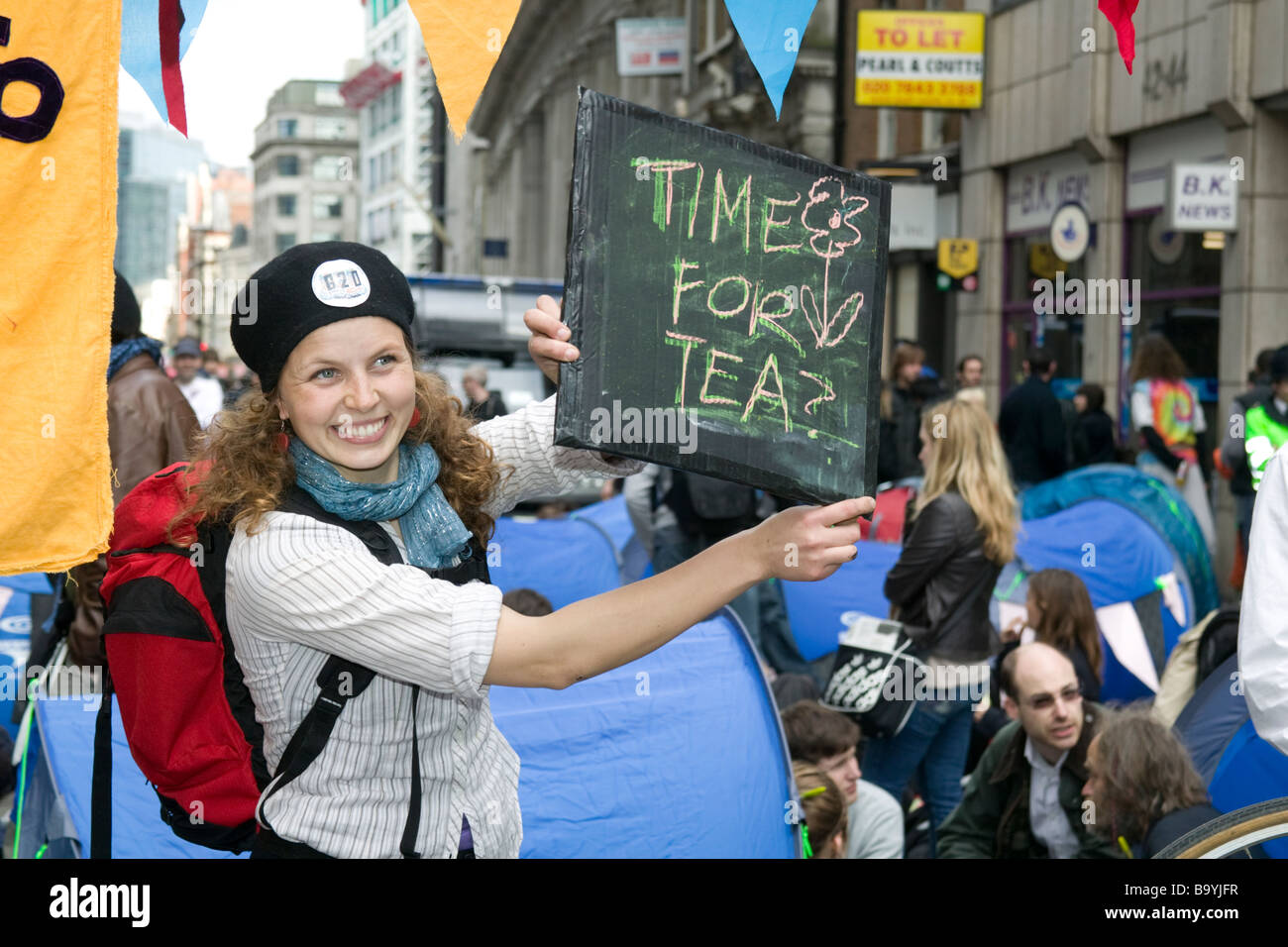 Londres - les manifestations du G20. Les manifestations pacifiques au Camp climatique qui a été mis en place à Bishopsgate. Banque D'Images