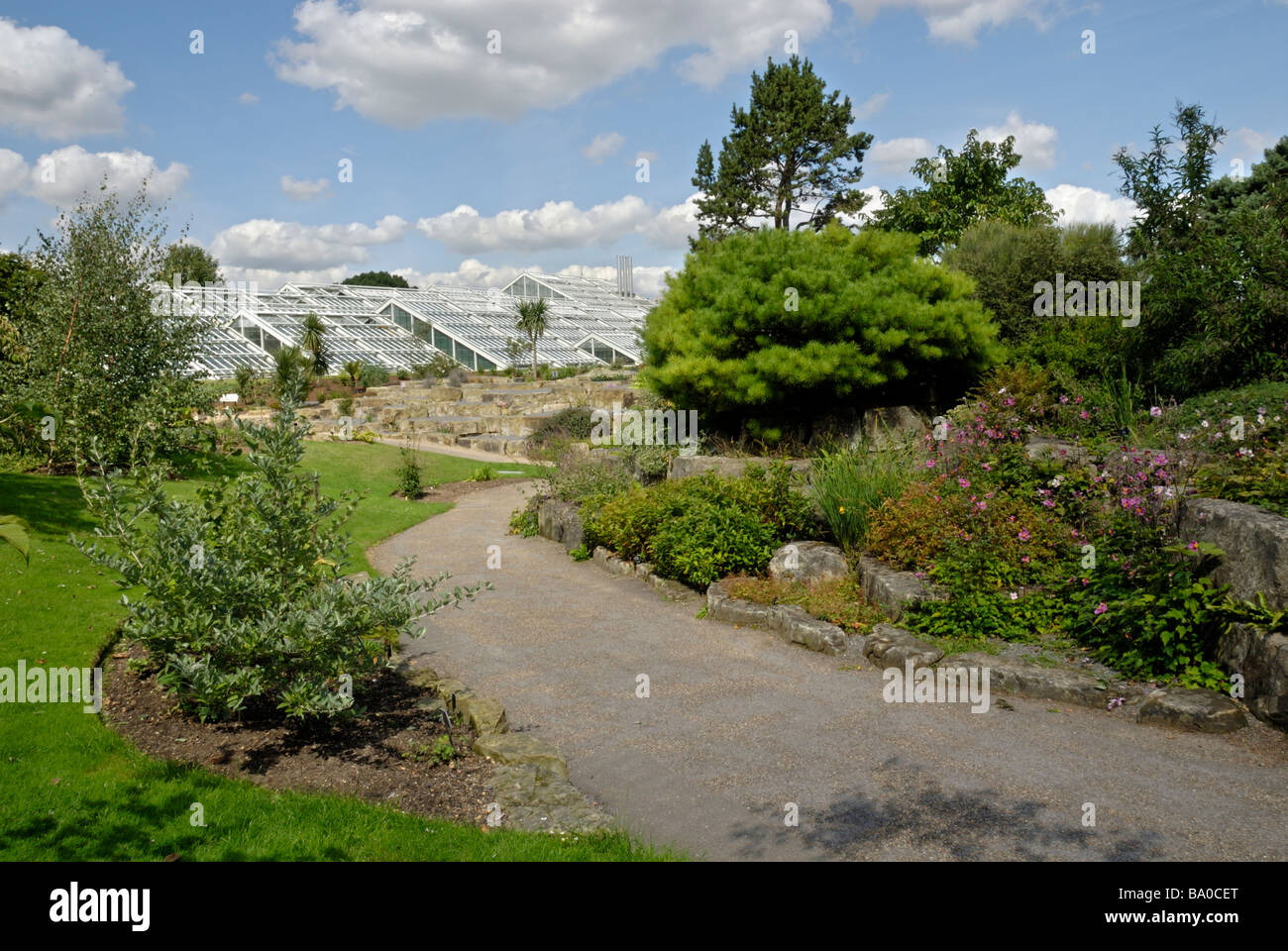 Piétons menant à une serre aux Jardins botaniques royaux de Kew, Londres, Angleterre Banque D'Images
