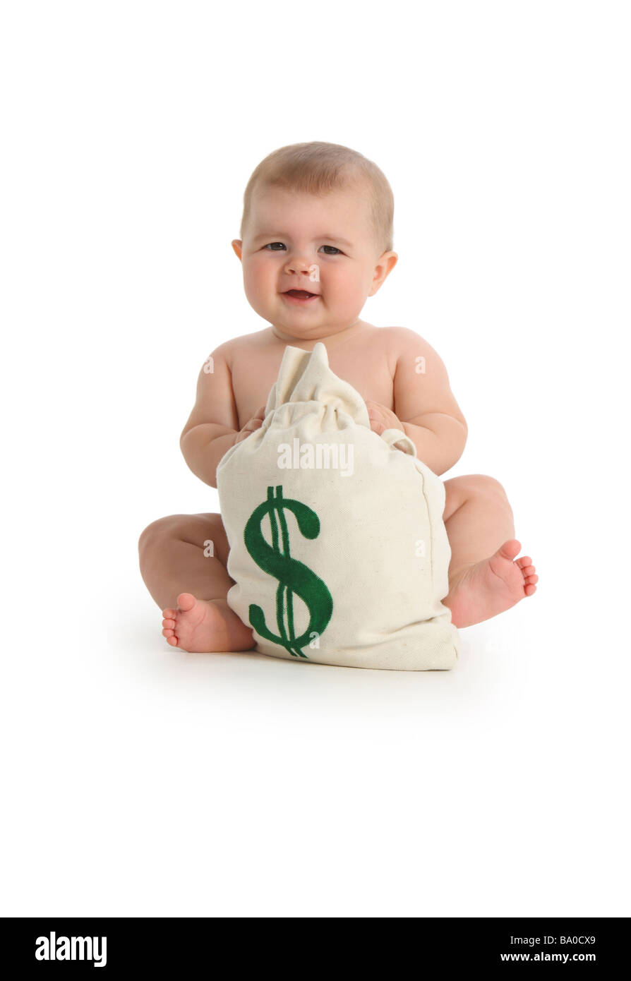 Bébé avec sac sur fond blanc Banque D'Images