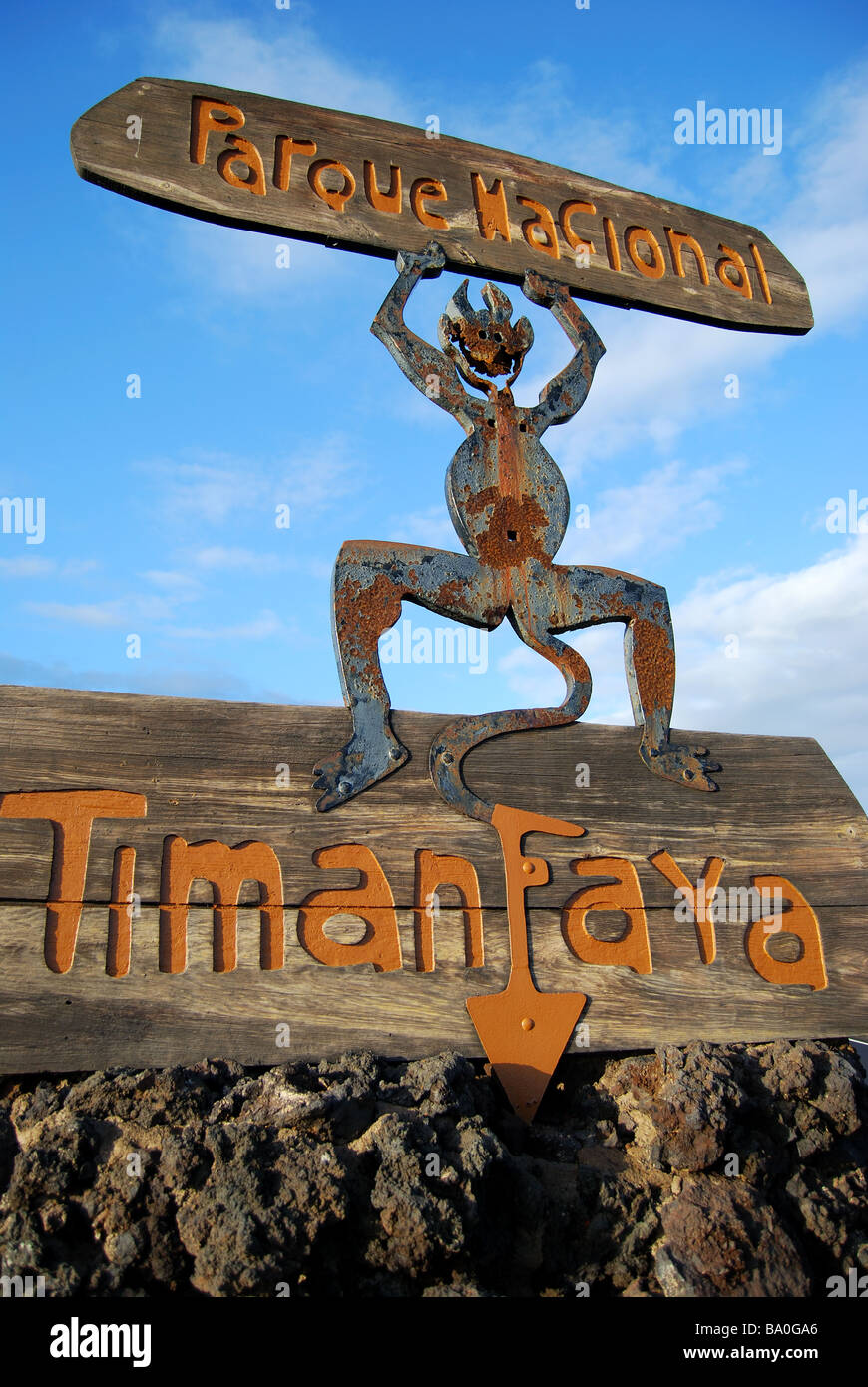 Panneau d'entrée, le Parc National de Timanfaya, Lanzarote, îles Canaries, Espagne Banque D'Images