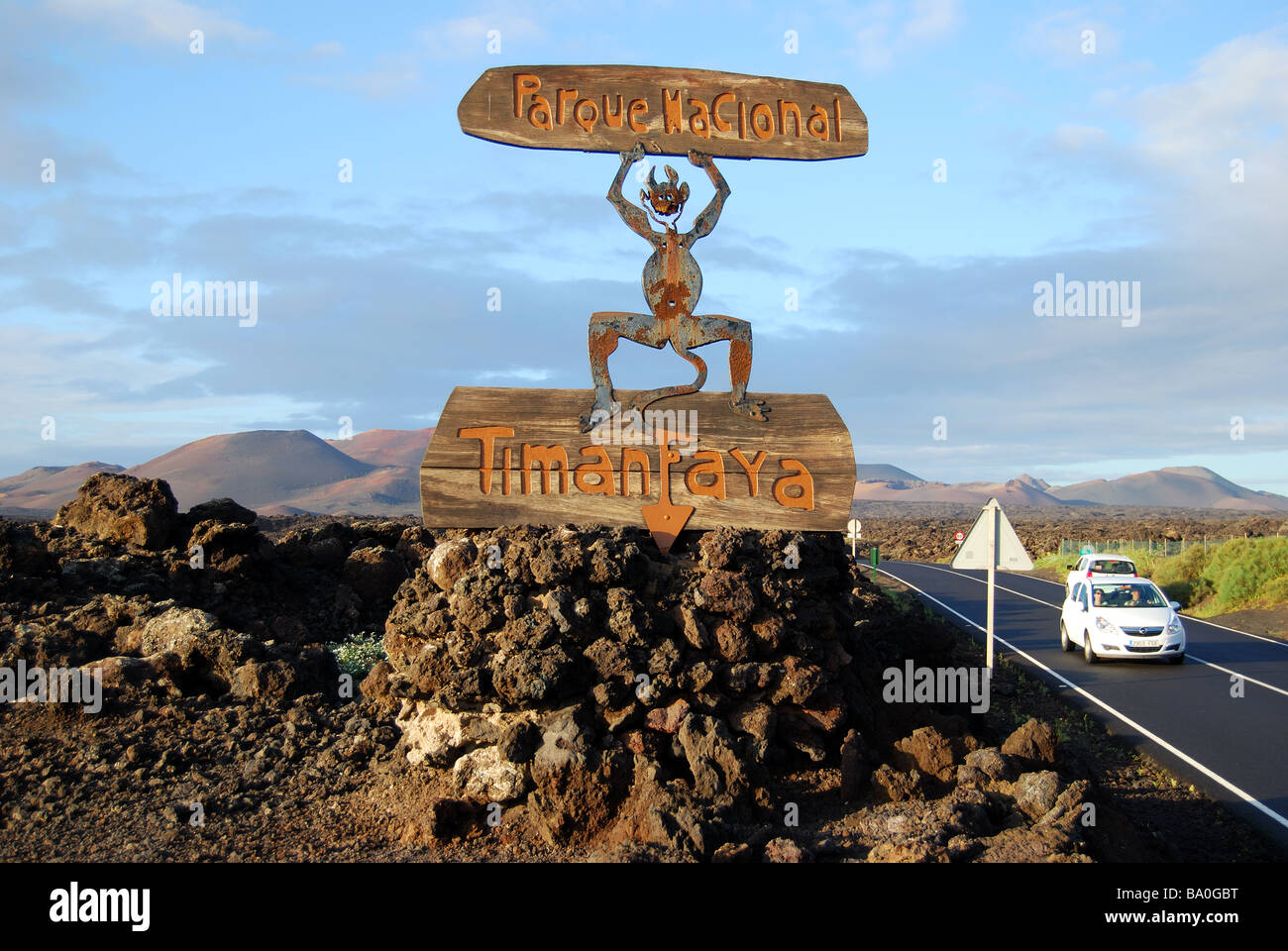 Panneau d'entrée, le Parc National de Timanfaya, Lanzarote, îles Canaries, Espagne Banque D'Images