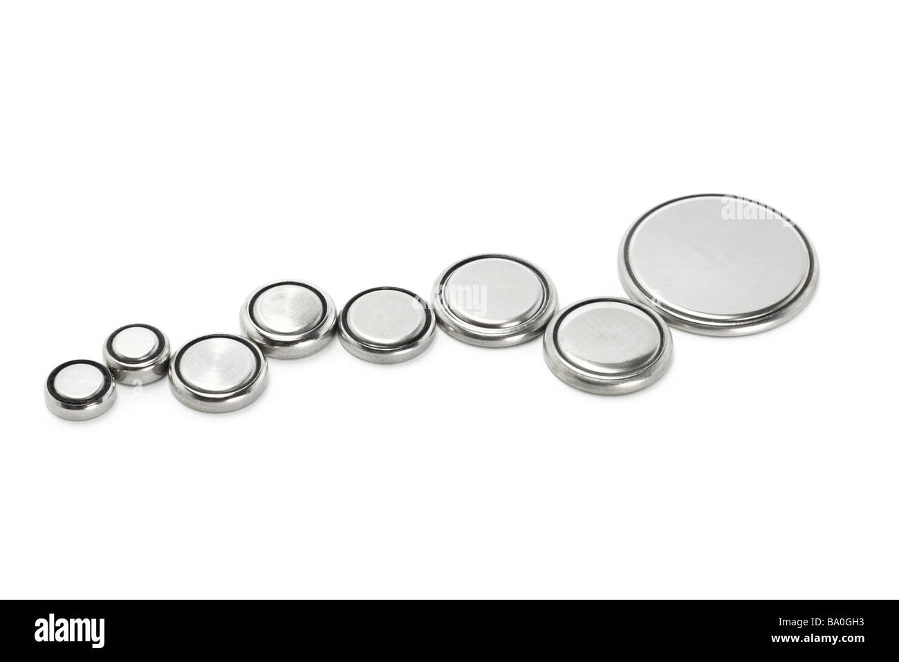Forme bouton au lithium de différentes tailles sur fond blanc Banque D'Images