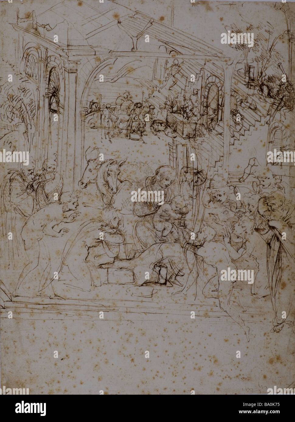 Esquisse pour la composition de l'Adoration des mages de Léonard de Vinci 1481 plume et encre sur metalpoint Banque D'Images