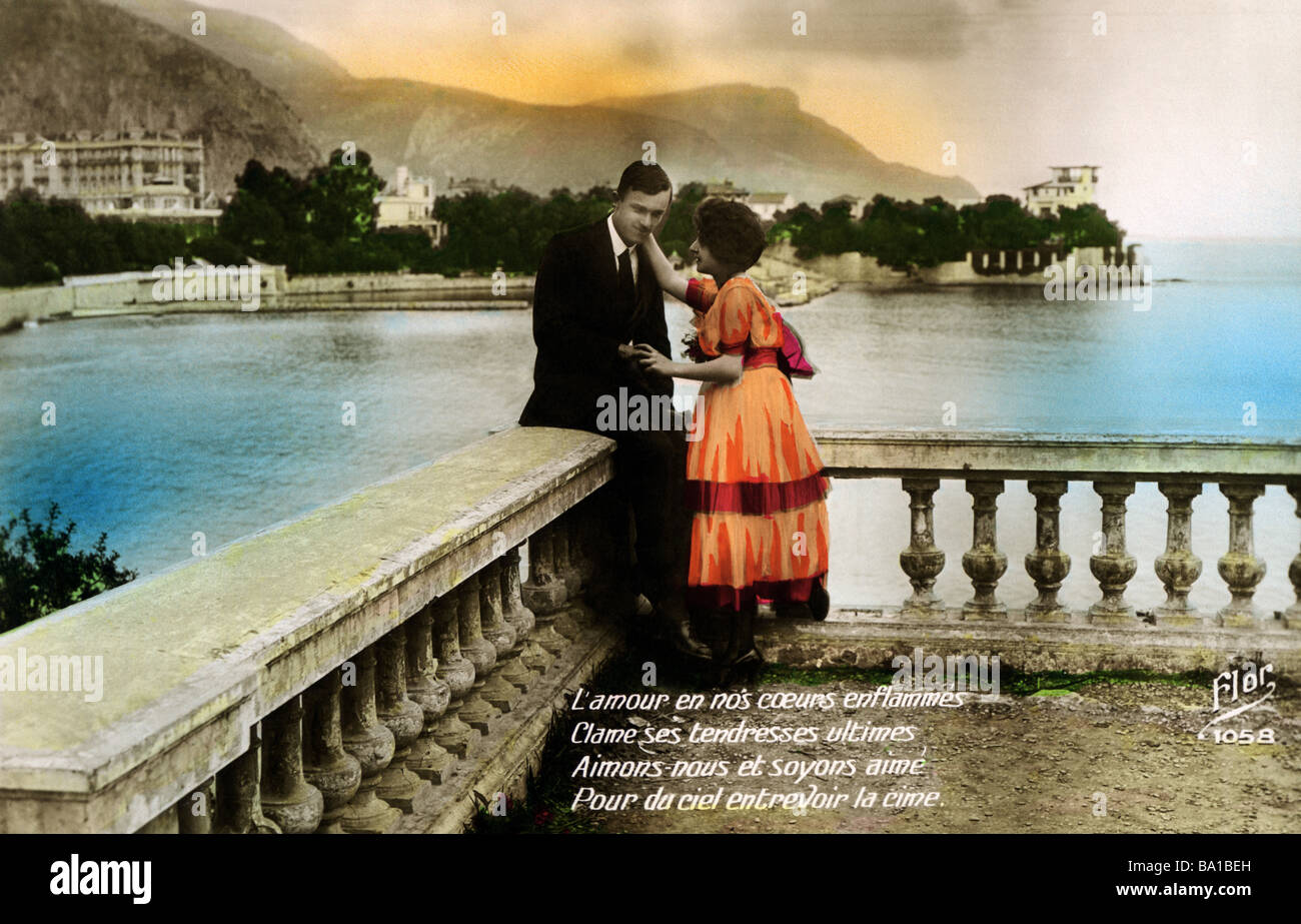 personnes, couples, années 1920, carte postale colorée, Banque D'Images