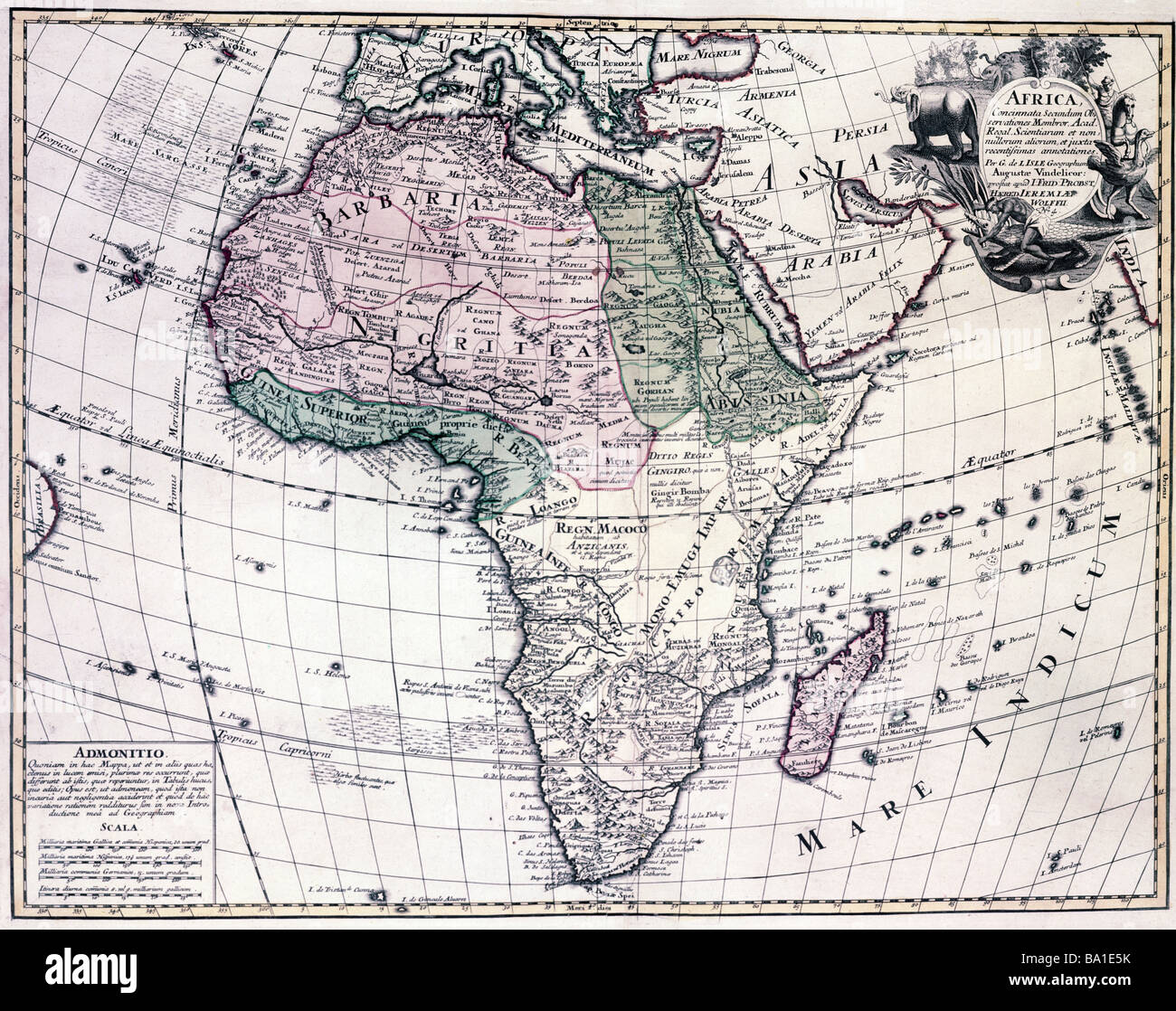 La cartographie, cartes, de l'Afrique, la carte de Guillaume de l'Isle (1675 - 1726), gravure sur cuivre, colorés, par Jeremias Wolff, Augsburg, Allemagne, vers 1710, l'artiste n'a pas d'auteur pour être effacé Banque D'Images