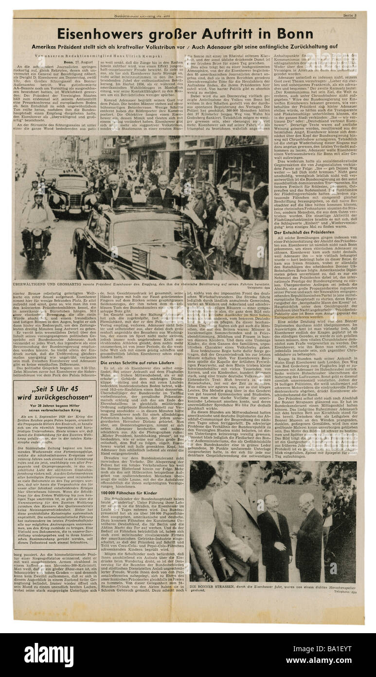 Presse/médias, magazines, 'Süddeutsche Zeitung', Munich, 15 volume, numéro 206, vendredi 28.8.1959, article, Eisenhower en visite à Bonn, Banque D'Images