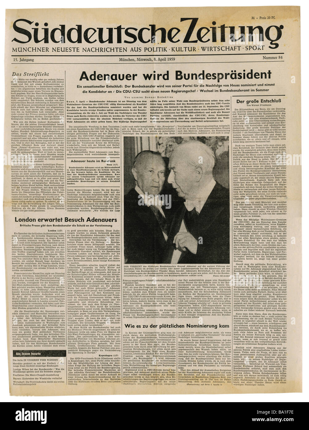 Presse/médias, magazines, 'Süddeutsche Zeitung', Munich, 15 volume, numéro 84, mercredi 8.4.1959, titre, Adenauer candidating pour le président fédéral, Banque D'Images