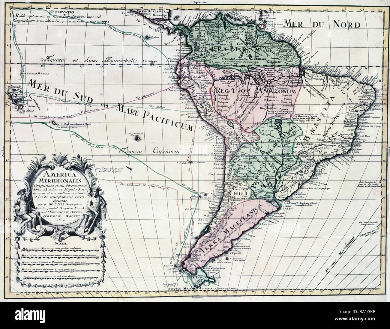 La cartographie, cartes, de l'Amérique du Sud, la carte de Guillaume de l'Isle (1675 - 1726), gravure sur cuivre, colorés, par Jeremias Wolff, Augsburg, Allemagne, vers 1710, l'artiste n'a pas d'auteur pour être effacé Banque D'Images