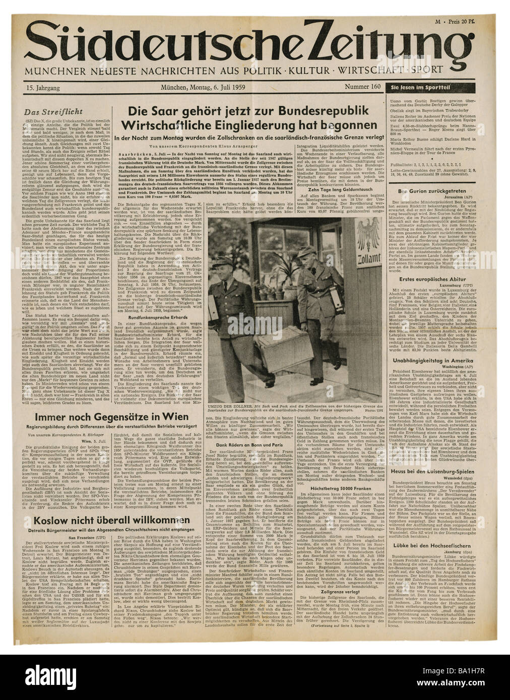 Presse/médias, magazines, 'Süddeutsche Zeitung', Munich, 15 volume, numéro 160, lundi 6.7.1959, titre, Saar retournant en République fédérale début d'intégration économique, Banque D'Images