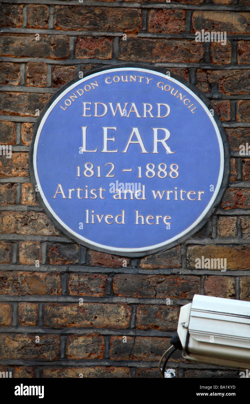 Une blue plaque pour l'artiste et écrivain Edward Lear, Londres. Feb 2009 Banque D'Images