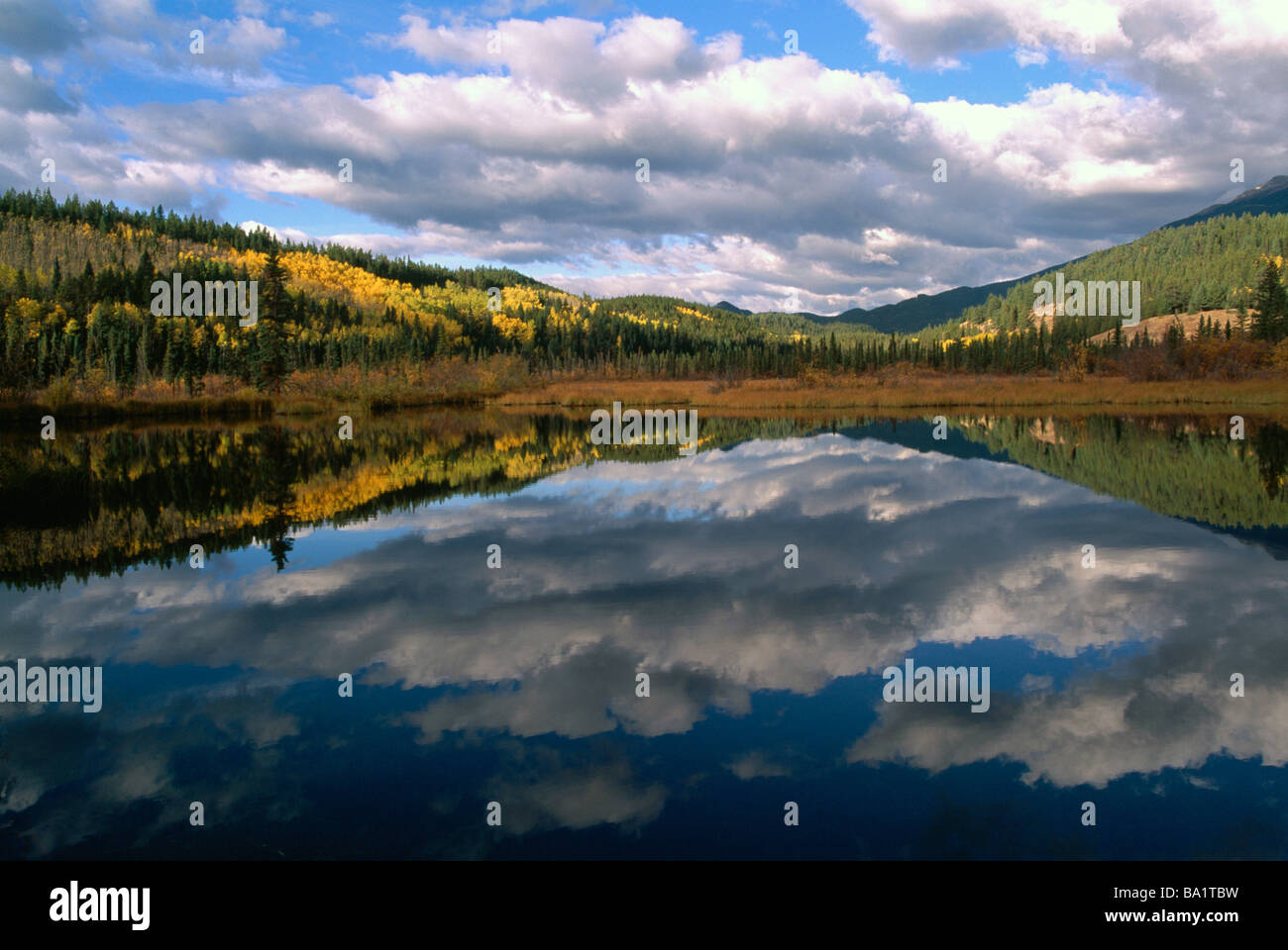 Le Parc National Jasper, le lac Patricia, Rocheuses canadiennes, l'Alberta, Canada - Les Nuages et paysage paysage d'automne, Réflexion Banque D'Images