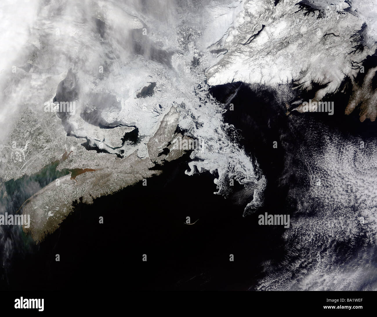 Comble de la glace de mer dans le golfe du Saint-Laurent, le paysage donnant une apparence hiver. Banque D'Images