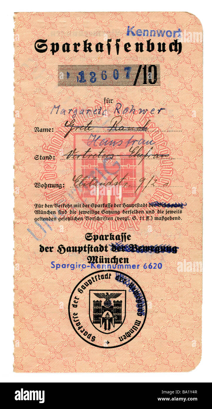 Argent / finance, livre de banque d'épargne, Stadtsparkasse Munich, 1942, Banque D'Images