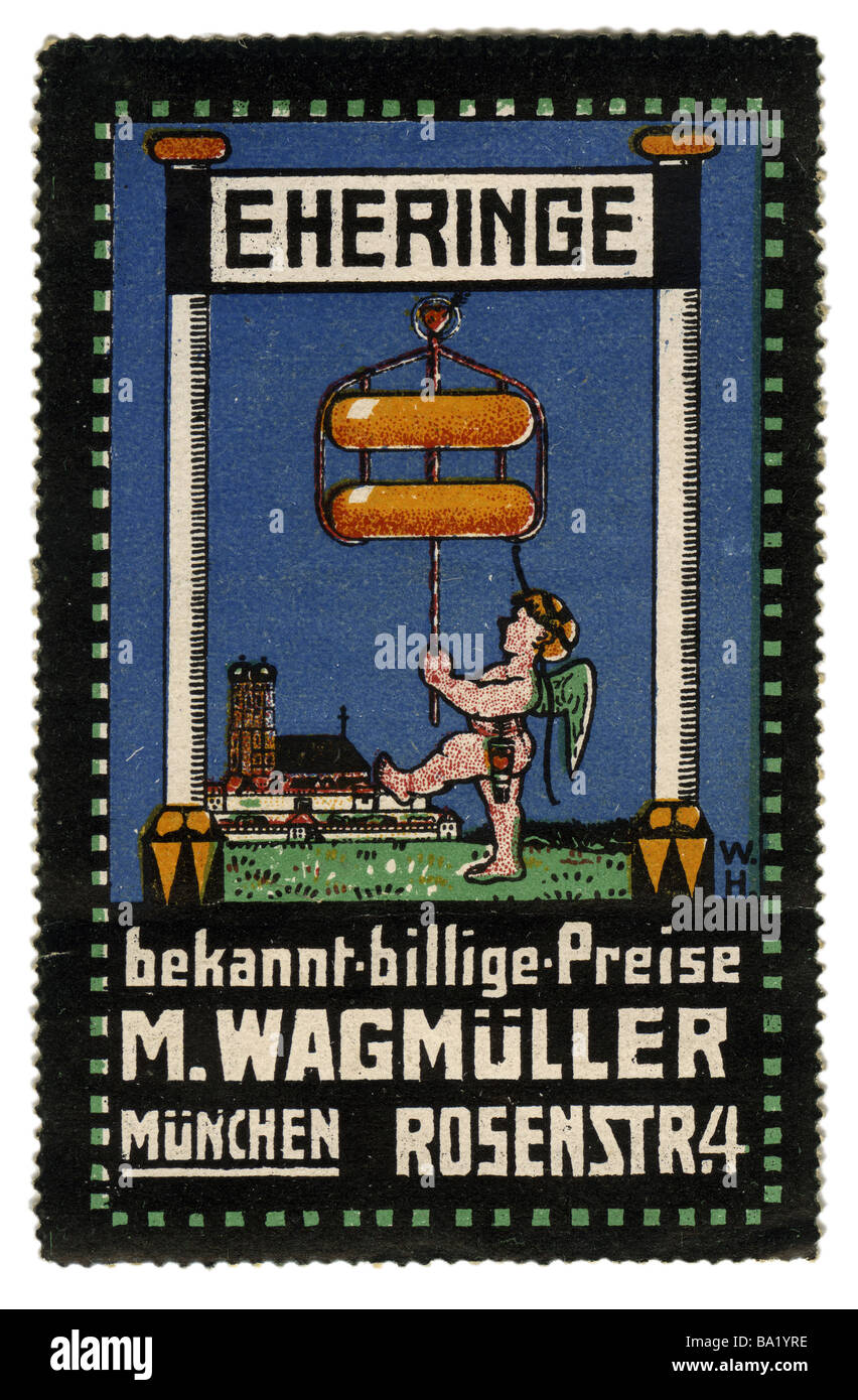 Publicité, timbres, alliances par M. Wagmüller, Munich, Allemagne, vers 1910, Banque D'Images