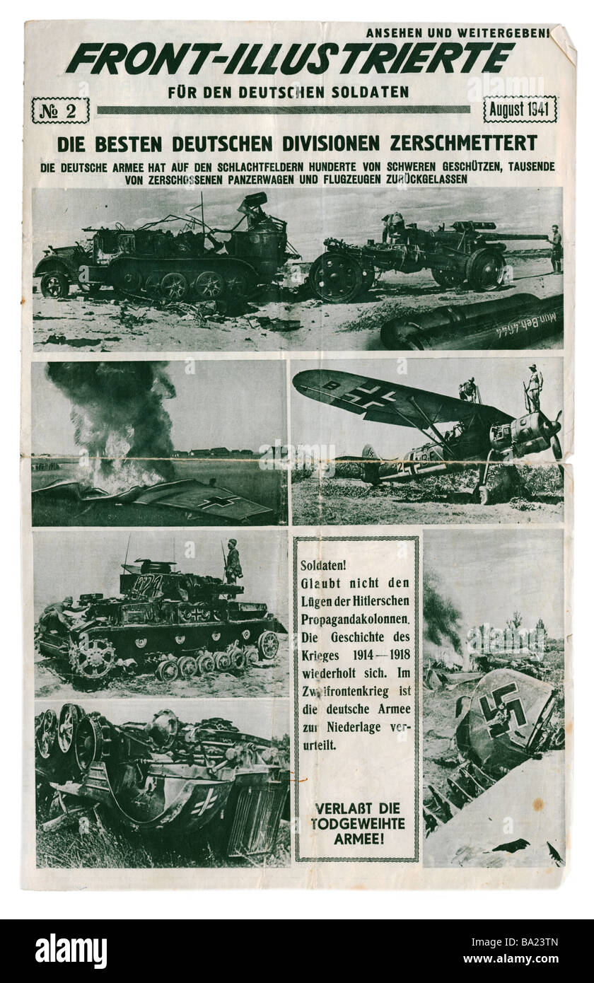 Événements, seconde Guerre mondiale / seconde Guerre mondiale, propagande, journal de propagande soviétique, 'Front-Ilustrierte fuer den deutschen Soldaten' (Nouvelles Illustrées pour le soldat allemand), n° 2, août 1941, page de titre, Banque D'Images