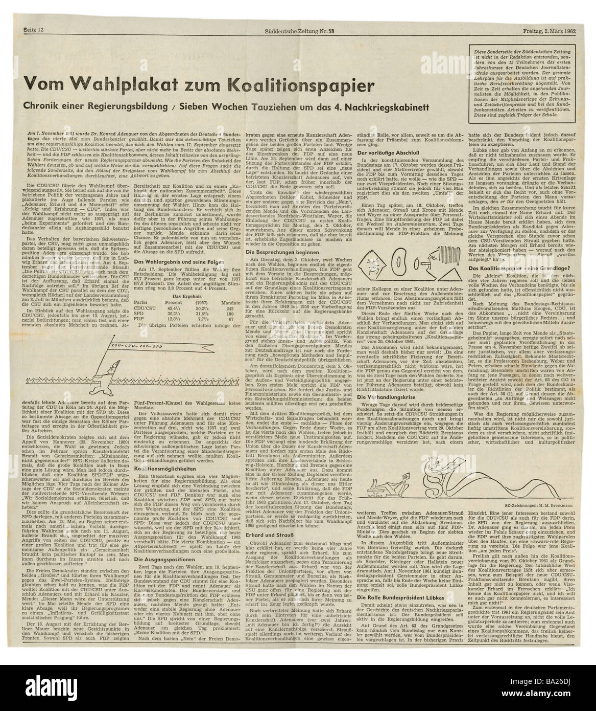 Presse/médias, magazines, 'Süddeutsche Zeitung', Munich, 18 volumes, numéro 53, vendredi 2.3.1962, page spéciale, analyse de la formation du gouvernement après les élections du Bundestag 1961, Banque D'Images