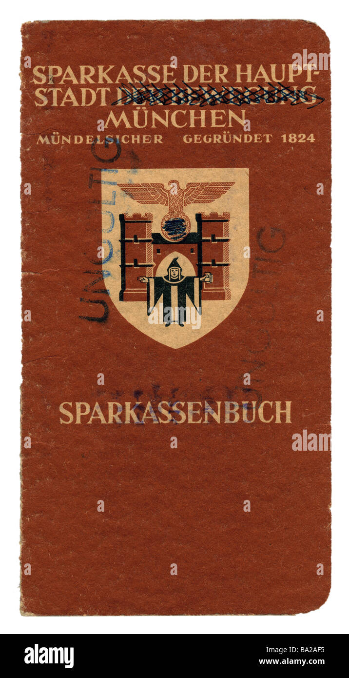 Argent / finance, livre de banque d'épargne, Stadtsparkasse Munich, 1942, Banque D'Images