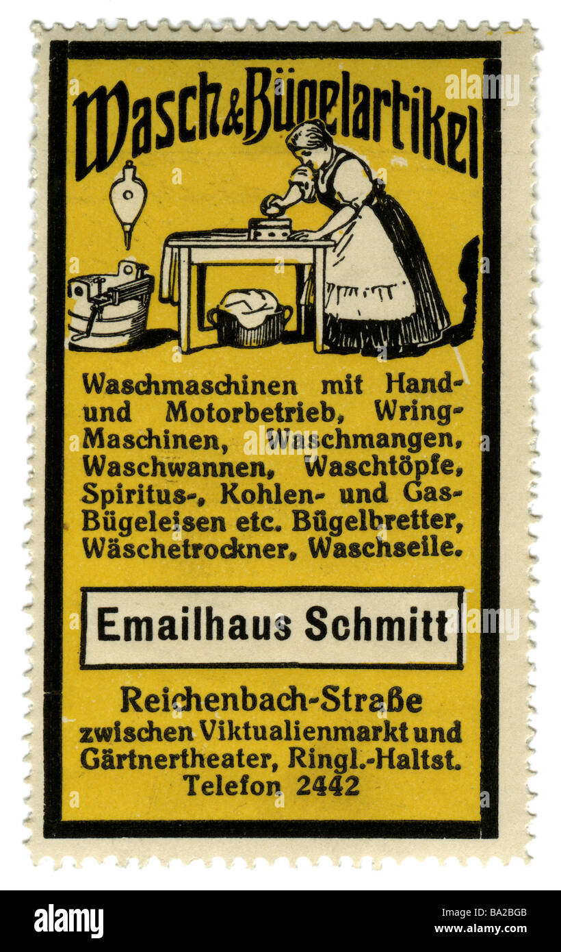 Publicité, timbres, articles de toilette et de repassage, Emailhaus Schmitt, Munich, Allemagne, vers 1910, Banque D'Images