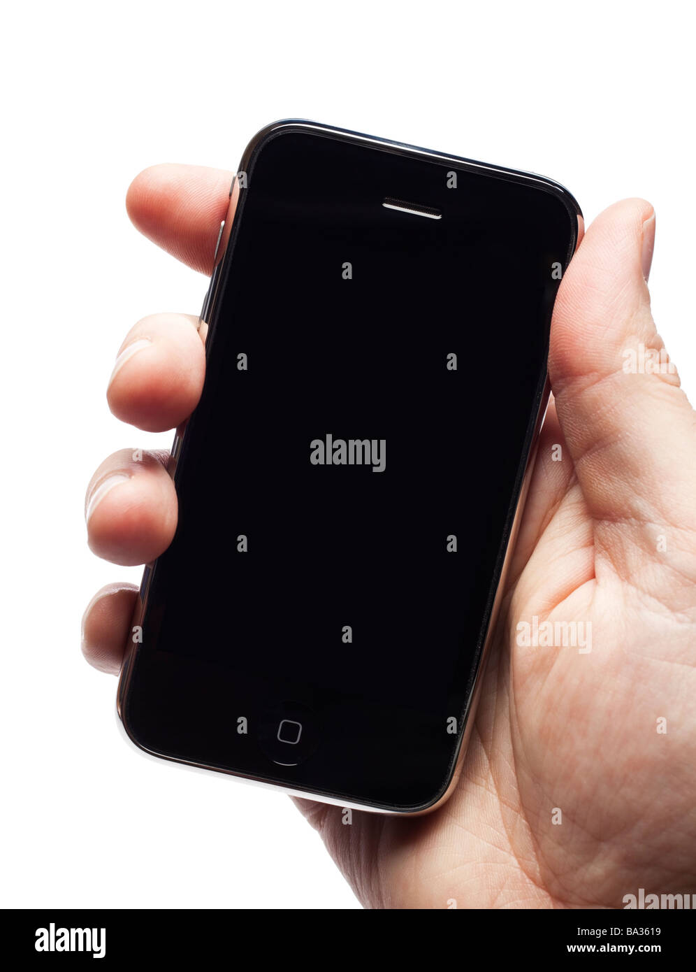 Main tenant mâles montrant iPhone écran blanc Banque D'Images