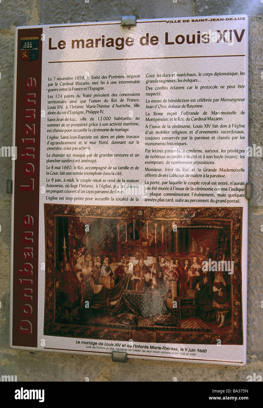 France Cote d'argent à Saint-Jean-de-Luz le roi Louis XIV mariage plaque  Europe pays Basque Aquitaine ministère Photo Stock - Alamy