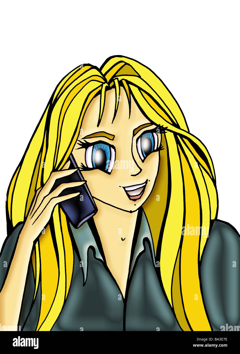 Manga Illustration Téléphones Femme Jeune Blonde Téléphone