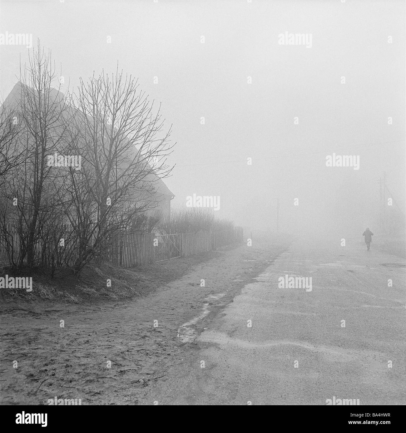 La Lituanie Klaipeda arbres maison de village-rue chauve personne retour-avis d'automne brouillard s/w Memel chemin rural rue invisiblement Banque D'Images