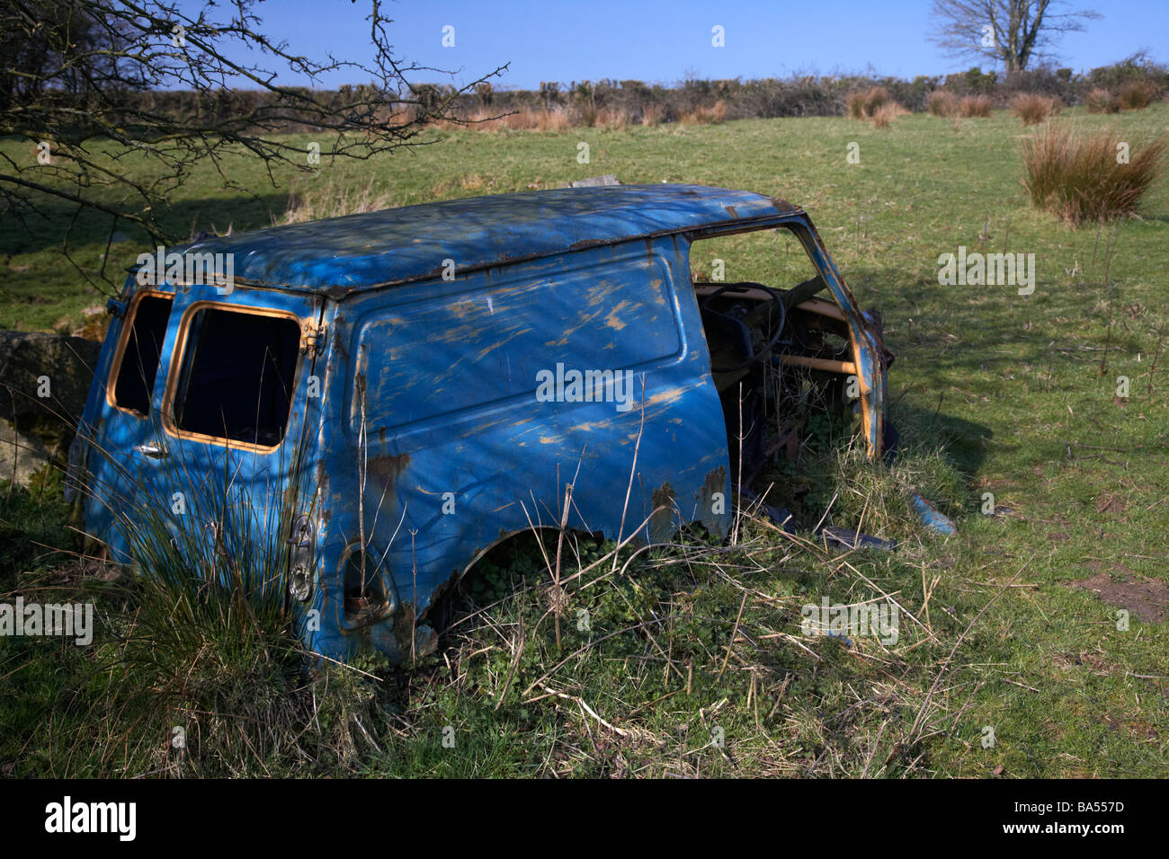 Ancien Bleu rouillé abandonné l'épave d'un vieux mini van dans un champ dans le comté d'Armagh en Irlande du Nord uk Banque D'Images