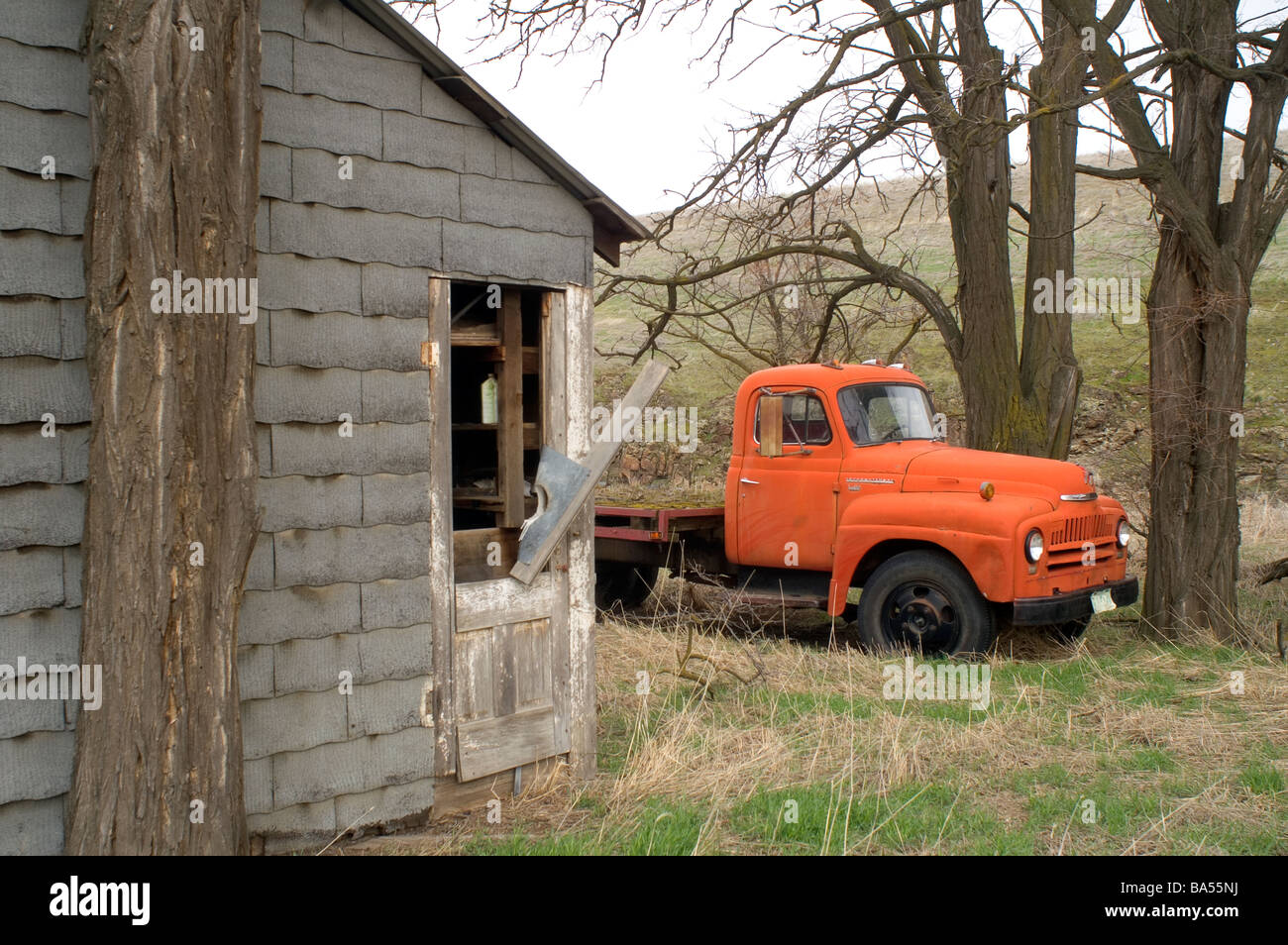 International Harvester chariot sur ferme abandonnée Banque D'Images