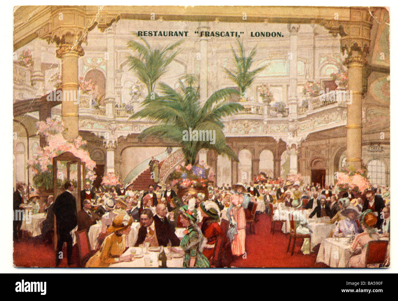 Ancienne carte postale de l'époque victorienne peinte à la main de Frascati Restaurant à Londres en 1895 Banque D'Images