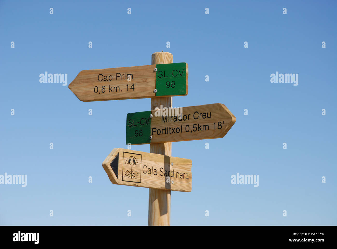 Panneau pour les marcheurs, les Prim, l'île de Portichol, Javea, Alicante Province, Comunidad Valenciana, Espagne Banque D'Images