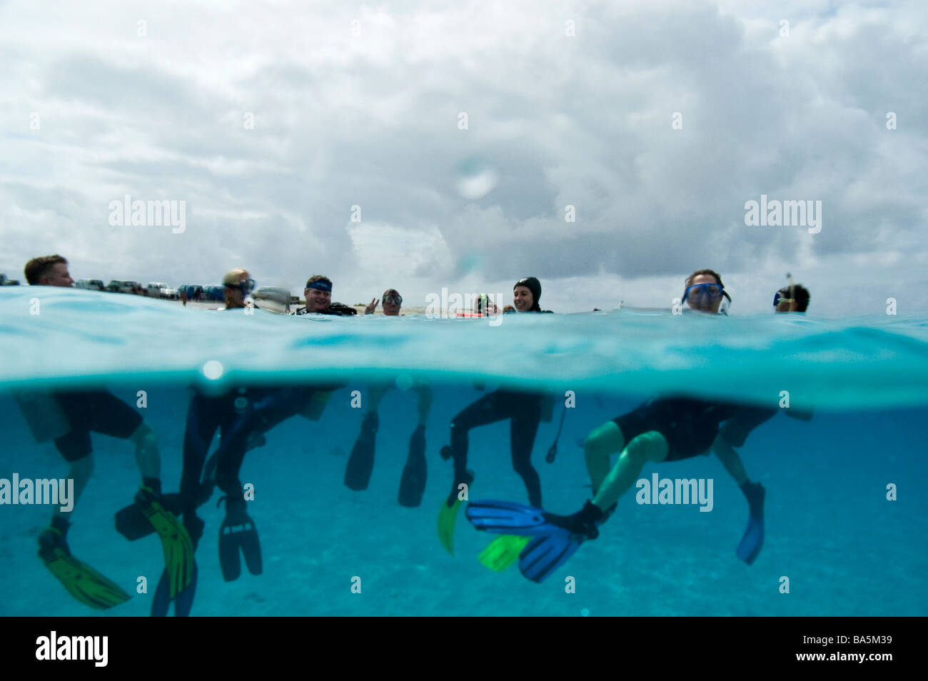 Groupe de plongeurs flottant à la surface de l'eau des Caraïbes bleu clair près de Bonaire Banque D'Images
