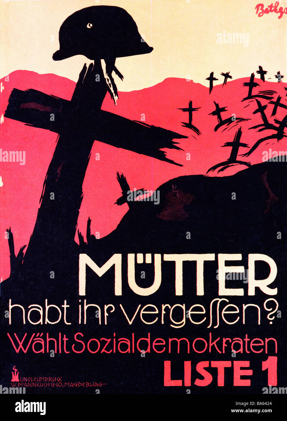 Mutter Habt Ihr Vergessen 1924 guerre anti affiche électorale pour le Parti Social Démocrate Mère Vous avez oublié Banque D'Images